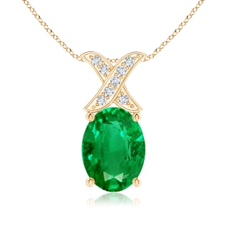 8x6mm AAA Oval Emerald XO Pendant with Diamonds in Yellow Gold