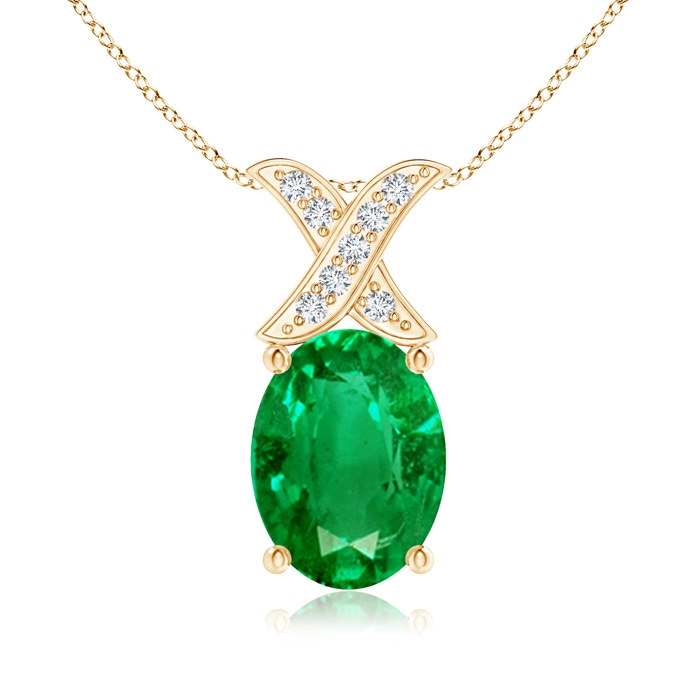 8x6mm AAA Oval Emerald XO Pendant with Diamonds in Yellow Gold 