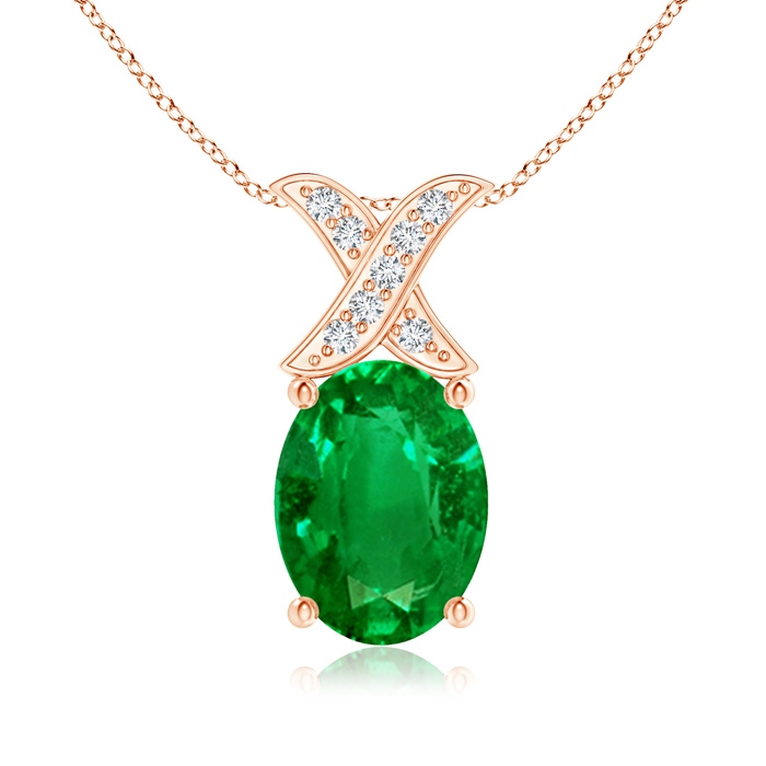 8x6mm AAAA Oval Emerald XO Pendant with Diamonds in Rose Gold
