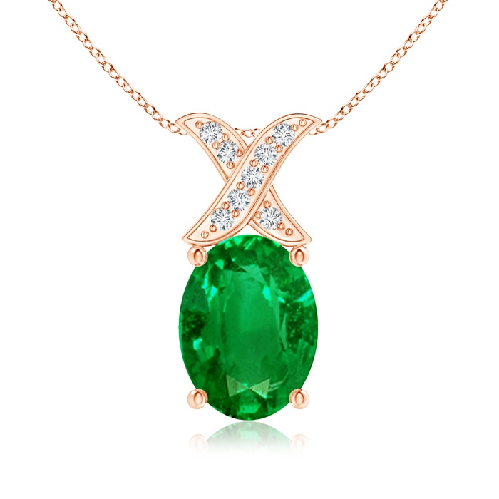 8x6mm AAAA Oval Emerald XO Pendant with Diamonds in Rose Gold 