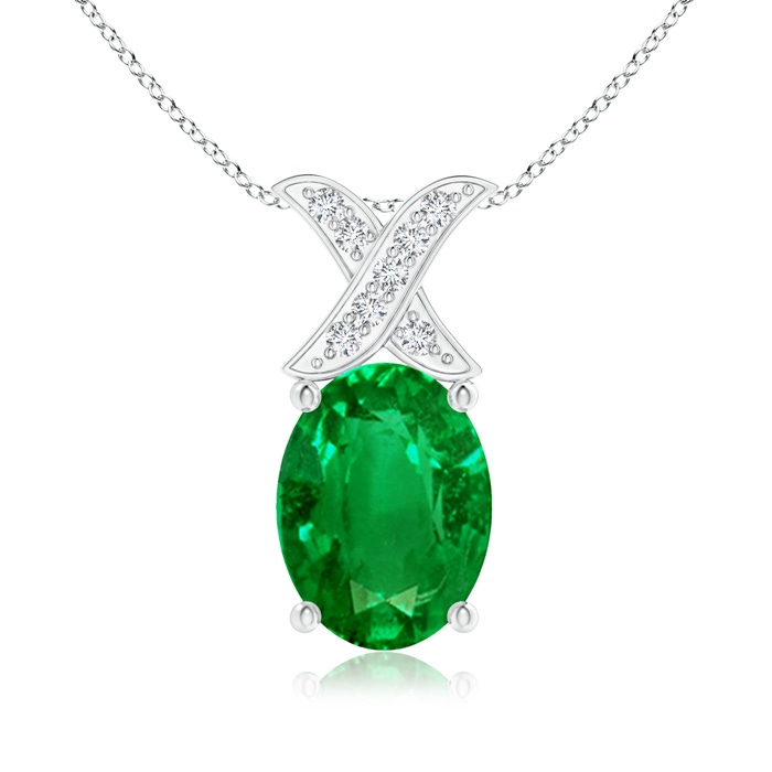 8x6mm AAAA Oval Emerald XO Pendant with Diamonds in White Gold