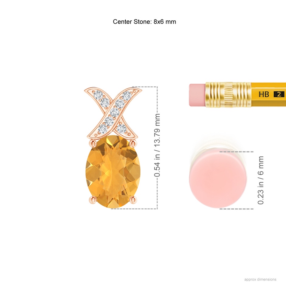 8x6mm A Oval Fire Opal XO Pendant with Diamonds in Rose Gold ruler