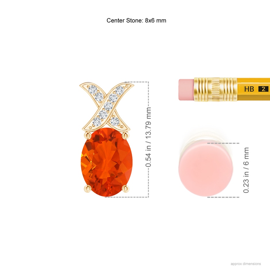 8x6mm AAA Oval Fire Opal XO Pendant with Diamonds in Yellow Gold ruler