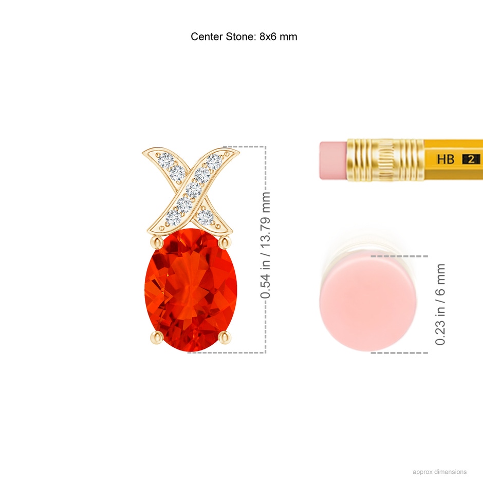 8x6mm AAAA Oval Fire Opal XO Pendant with Diamonds in Yellow Gold ruler