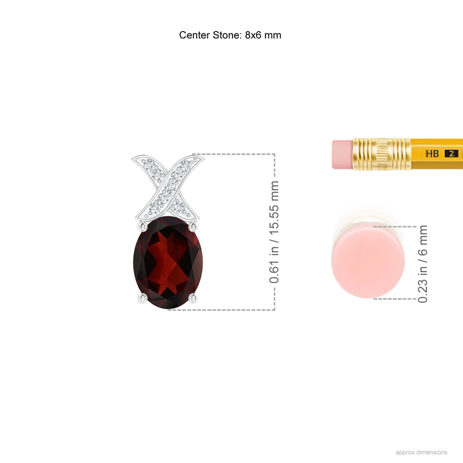 8x6mm AA Oval Garnet XO Pendant with Diamonds in S999 Silver ruler