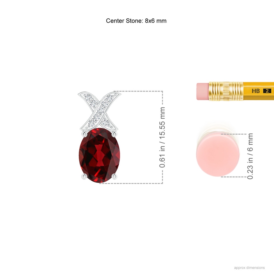 8x6mm AAAA Oval Garnet XO Pendant with Diamonds in S999 Silver ruler