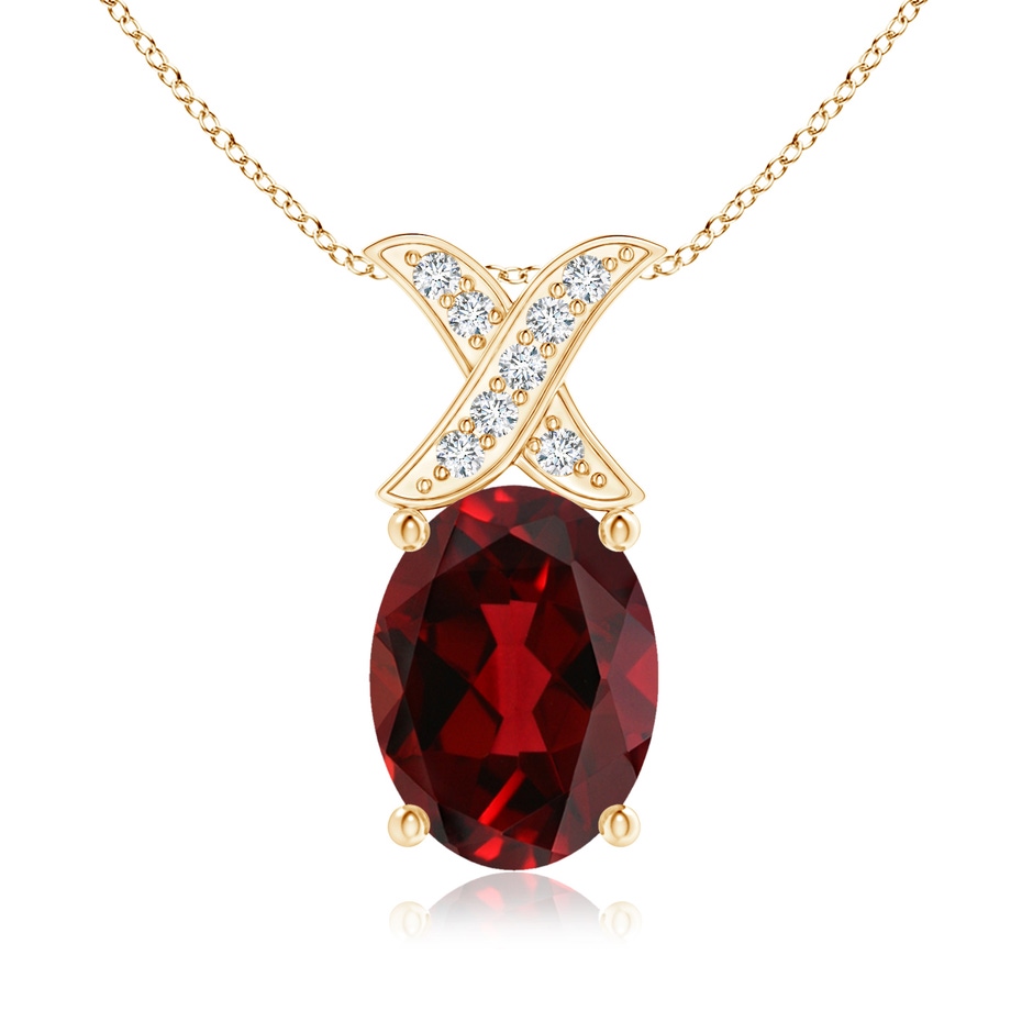 8x6mm AAAA Oval Garnet XO Pendant with Diamonds in Yellow Gold 