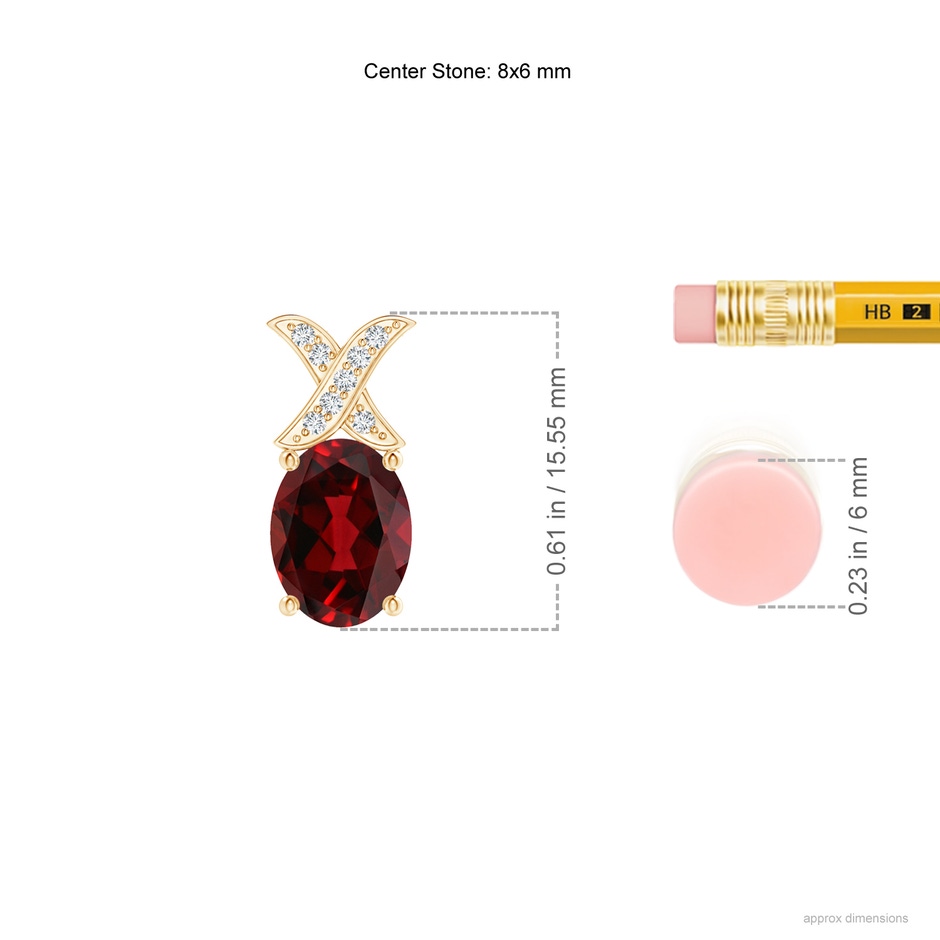 8x6mm AAAA Oval Garnet XO Pendant with Diamonds in Yellow Gold ruler