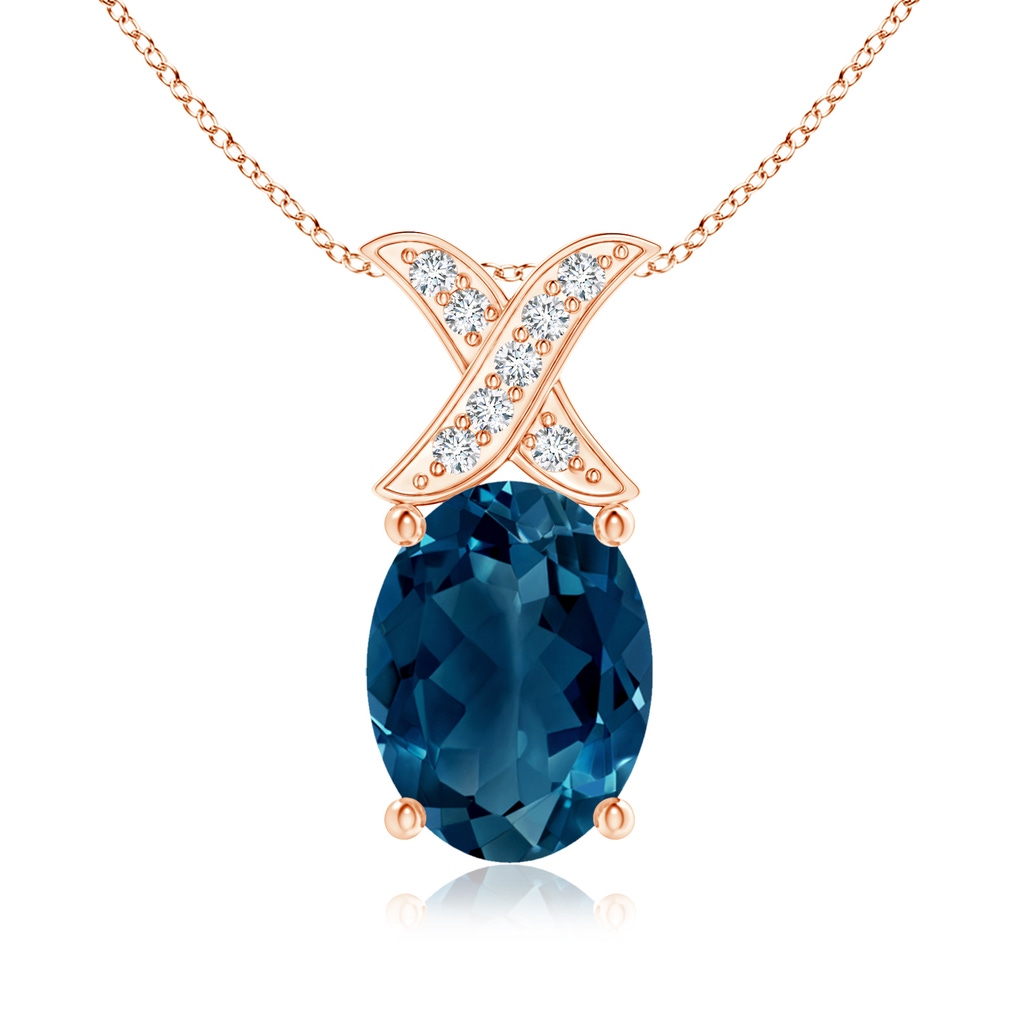 8x6mm AAAA Oval London Blue Topaz XO Pendant with Diamonds in Rose Gold