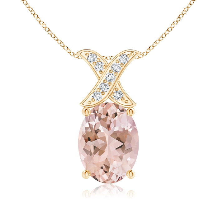 8x6mm AAAA Oval Morganite XO Pendant with Diamonds in Yellow Gold