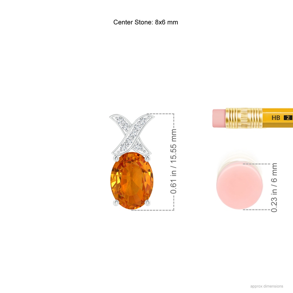 8x6mm AAA Oval Orange Sapphire XO Pendant with Diamonds in White Gold Ruler