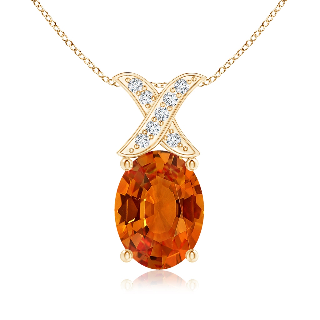 8x6mm AAAA Oval Orange Sapphire XO Pendant with Diamonds in Yellow Gold