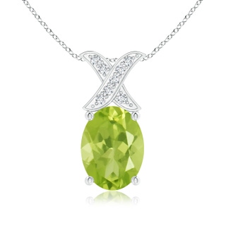 8x6mm AA Oval Peridot XO Pendant with Diamonds in White Gold