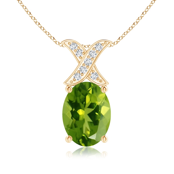 8x6mm AAAA Oval Peridot XO Pendant with Diamonds in Yellow Gold