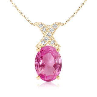 8x6mm AAA Oval Pink Sapphire XO Pendant with Diamonds in Yellow Gold
