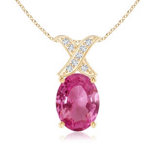 8x6mm AAAA Oval Pink Sapphire XO Pendant with Diamonds in Yellow Gold