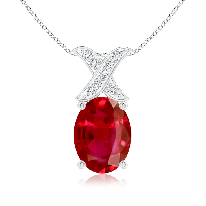8x6mm AAA Oval Ruby XO Pendant with Diamonds in White Gold