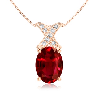 8x6mm AAAA Oval Ruby XO Pendant with Diamonds in Rose Gold