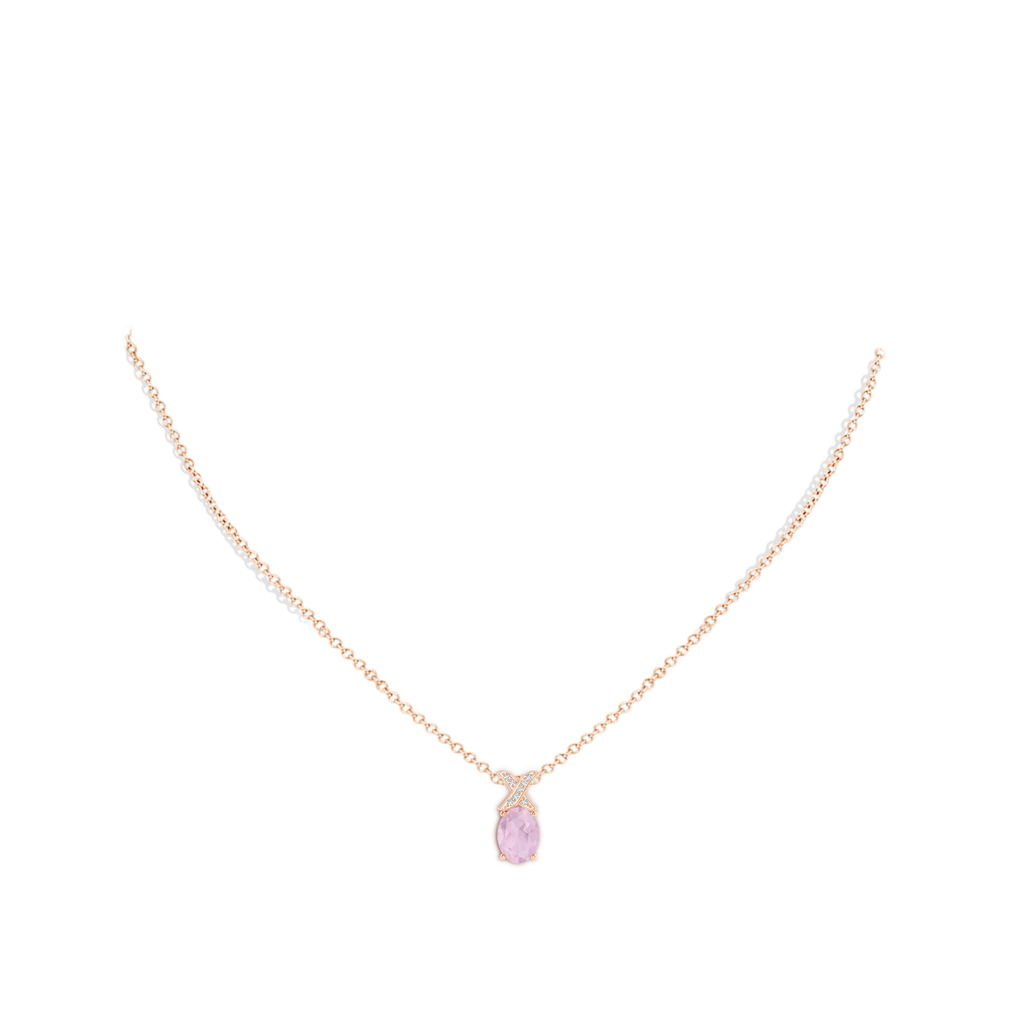 8x6mm AAA Oval Rose Quartz XO Pendant with Diamonds  in Rose Gold Body-Neck