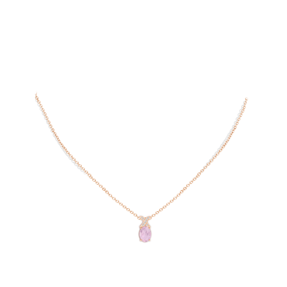 8x6mm AAA Oval Rose Quartz XO Pendant with Diamonds  in Rose Gold body-neck