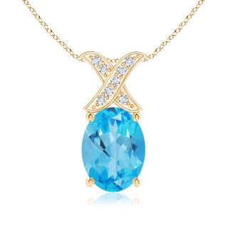 8x6mm AAA Oval Swiss Blue Topaz XO Pendant with Diamonds in Yellow Gold