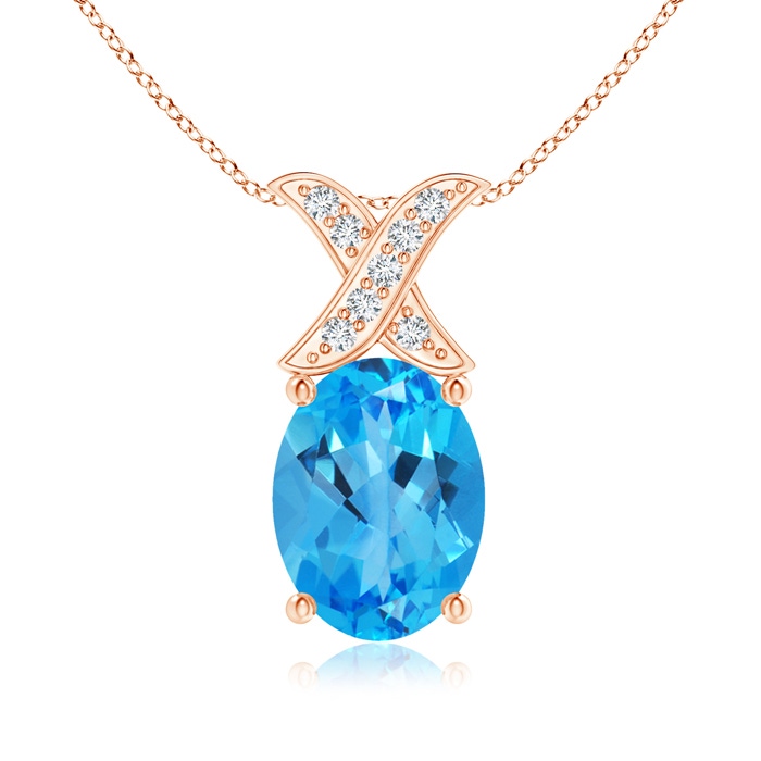 8x6mm AAAA Oval Swiss Blue Topaz XO Pendant with Diamonds in Rose Gold