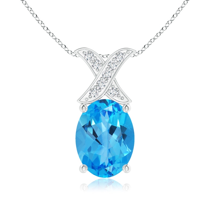 8x6mm AAAA Oval Swiss Blue Topaz XO Pendant with Diamonds in S999 Silver