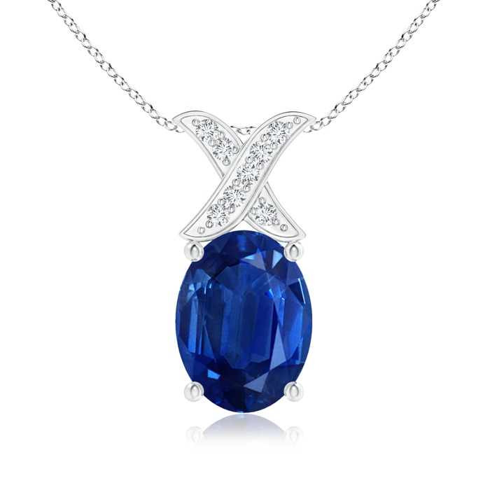 8x6mm AAA Oval Sapphire XO Pendant with Diamonds in White Gold 