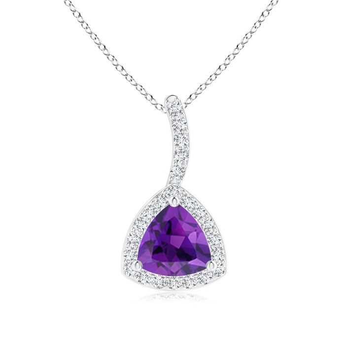 5mm AAA Trillion Amethyst Halo Pendant with Curved Bale in White Gold 