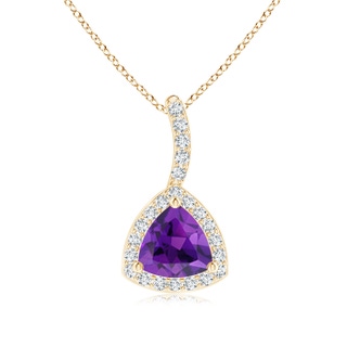 5mm AAA Trillion Amethyst Halo Pendant with Curved Bale in Yellow Gold