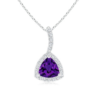 5mm AAAA Trillion Amethyst Halo Pendant with Curved Bale in White Gold