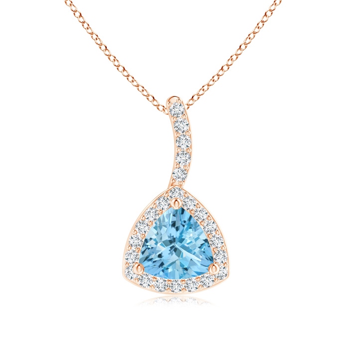 5mm AAAA Trillion Aquamarine Halo Pendant with Curved Bale in Rose Gold