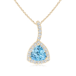 5mm AAAA Trillion Aquamarine Halo Pendant with Curved Bale in Yellow Gold