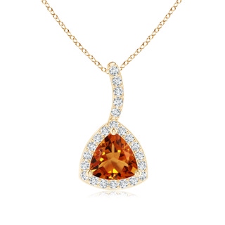 5mm AAAA Trillion Citrine Halo Pendant with Curved Bale in Yellow Gold