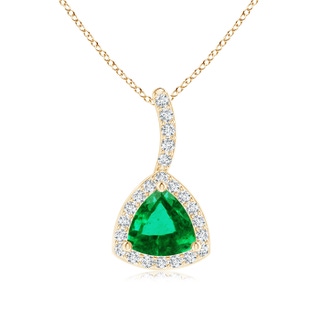 5mm AAA Trillion Emerald Halo Pendant with Curved Bale in 10K Yellow Gold