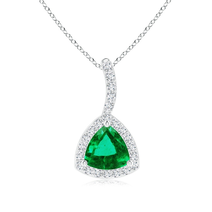 5mm AAA Trillion Emerald Halo Pendant with Curved Bale in White Gold