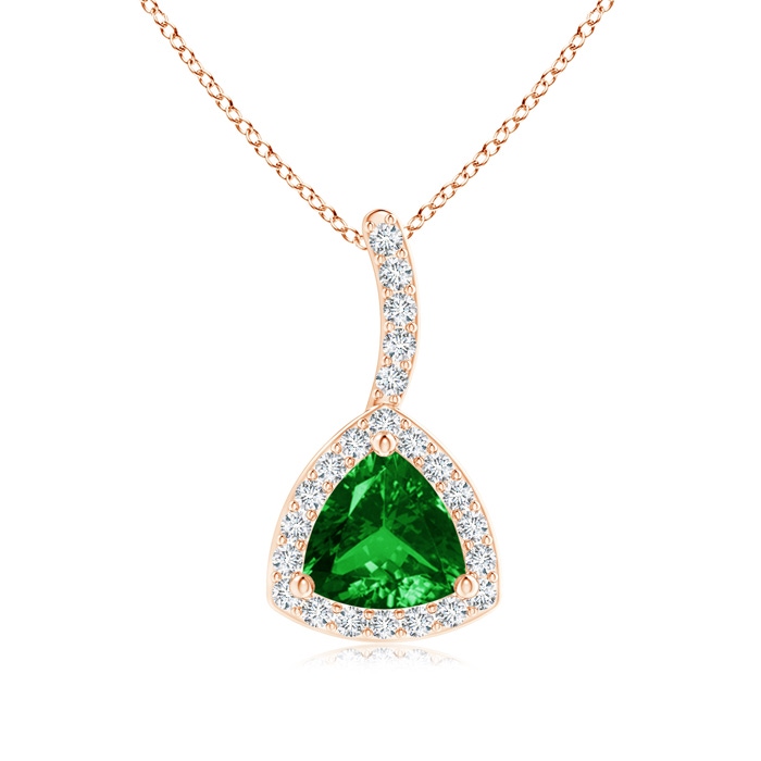 5mm AAAA Trillion Emerald Halo Pendant with Curved Bale in Rose Gold