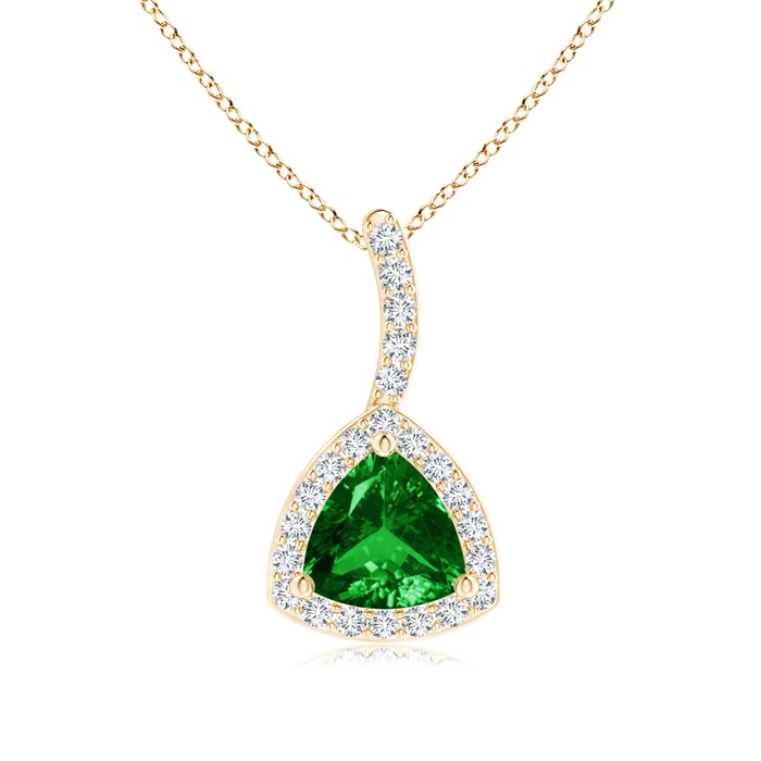 5mm AAAA Trillion Emerald Halo Pendant with Curved Bale in Yellow Gold