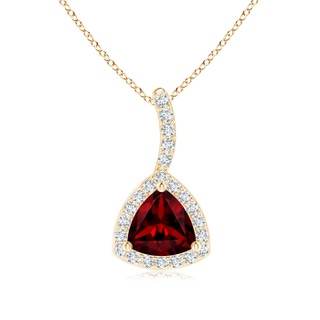 5mm AAAA Trillion Garnet Halo Pendant with Curved Bale in Yellow Gold