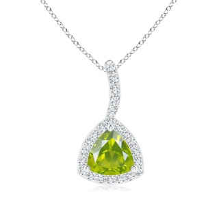 5mm AA Trillion Peridot Halo Pendant with Curved Bale in White Gold