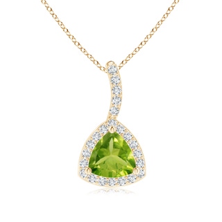 5mm AAA Trillion Peridot Halo Pendant with Curved Bale in Yellow Gold