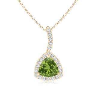 5mm AAAA Trillion Peridot Halo Pendant with Curved Bale in Yellow Gold