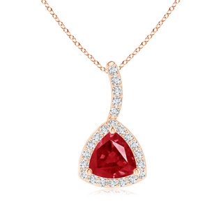 5mm AAA Trillion Ruby Halo Pendant with Curved Bale in Rose Gold