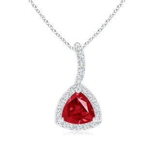 5mm AAA Trillion Ruby Halo Pendant with Curved Bale in White Gold