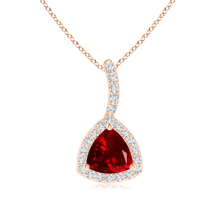5mm AAAA Trillion Ruby Halo Pendant with Curved Bale in Rose Gold