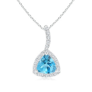 5mm AAA Trillion Swiss Blue Topaz Halo Pendant with Curved Bale in White Gold