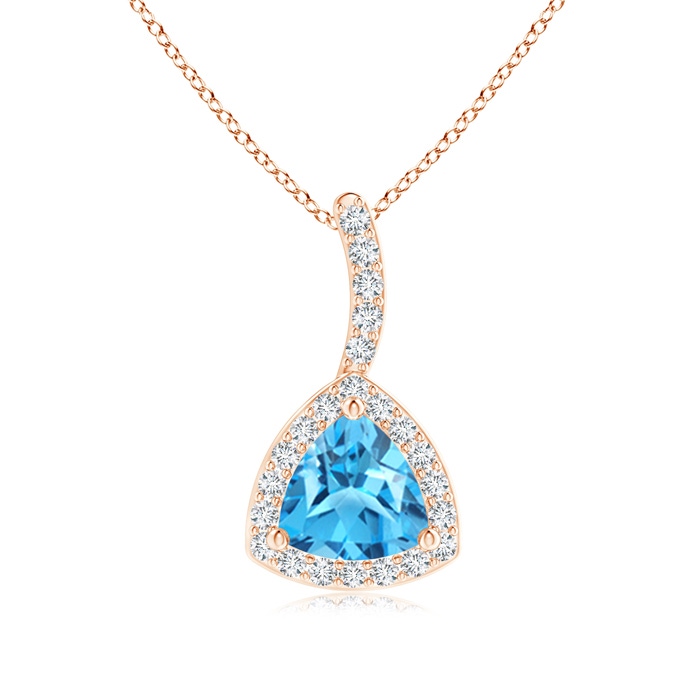 5mm AAAA Trillion Swiss Blue Topaz Halo Pendant with Curved Bale in Rose Gold