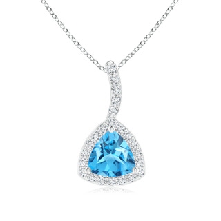 5mm AAAA Trillion Swiss Blue Topaz Halo Pendant with Curved Bale in White Gold