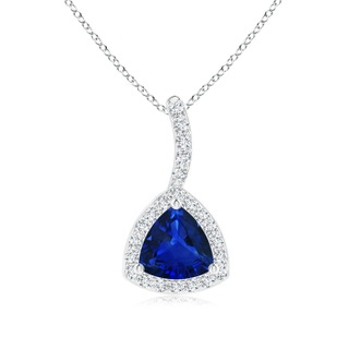 5mm AAAA Trillion Sapphire Halo Pendant with Curved Bale in White Gold