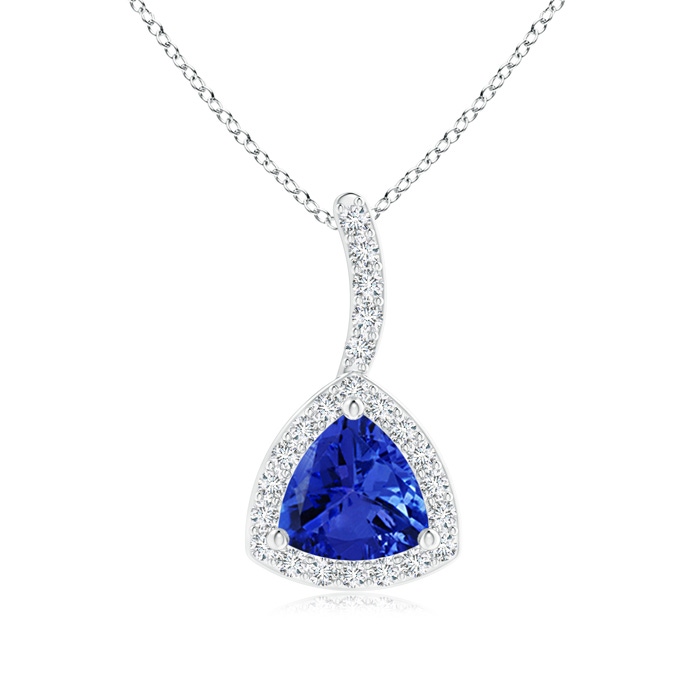 5mm AAA Trillion Tanzanite Halo Pendant with Curved Bale in White Gold